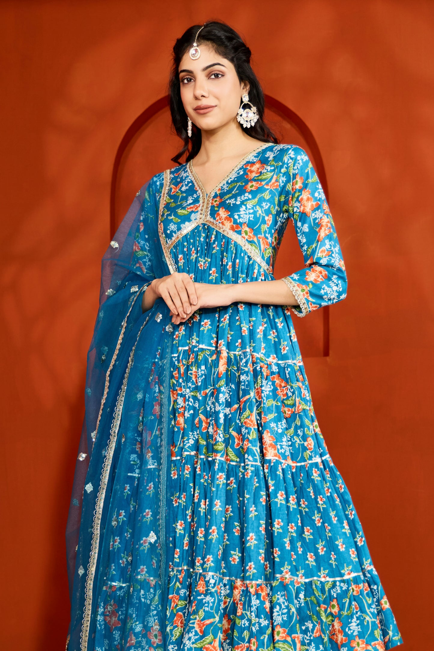 Blue V-Neck Tiered Anarkali Suit (Set of 3)