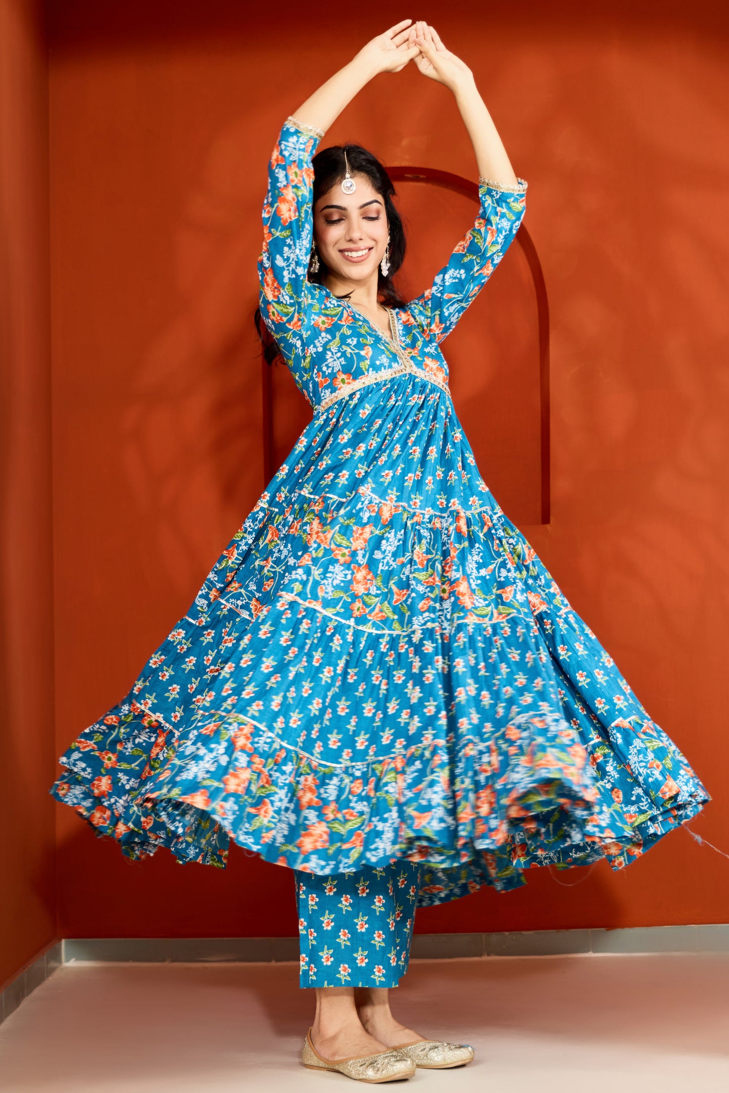 Blue V-Neck Tiered Anarkali Suit (Set of 3)