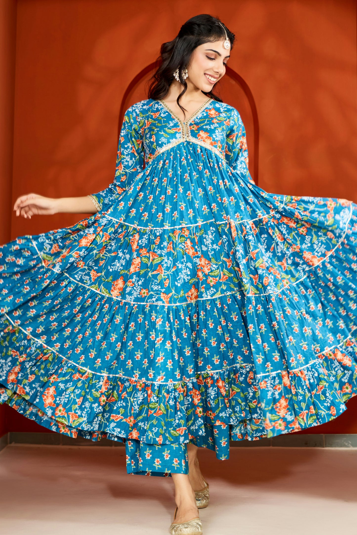 Blue V-Neck Tiered Anarkali Suit (Set of 3)