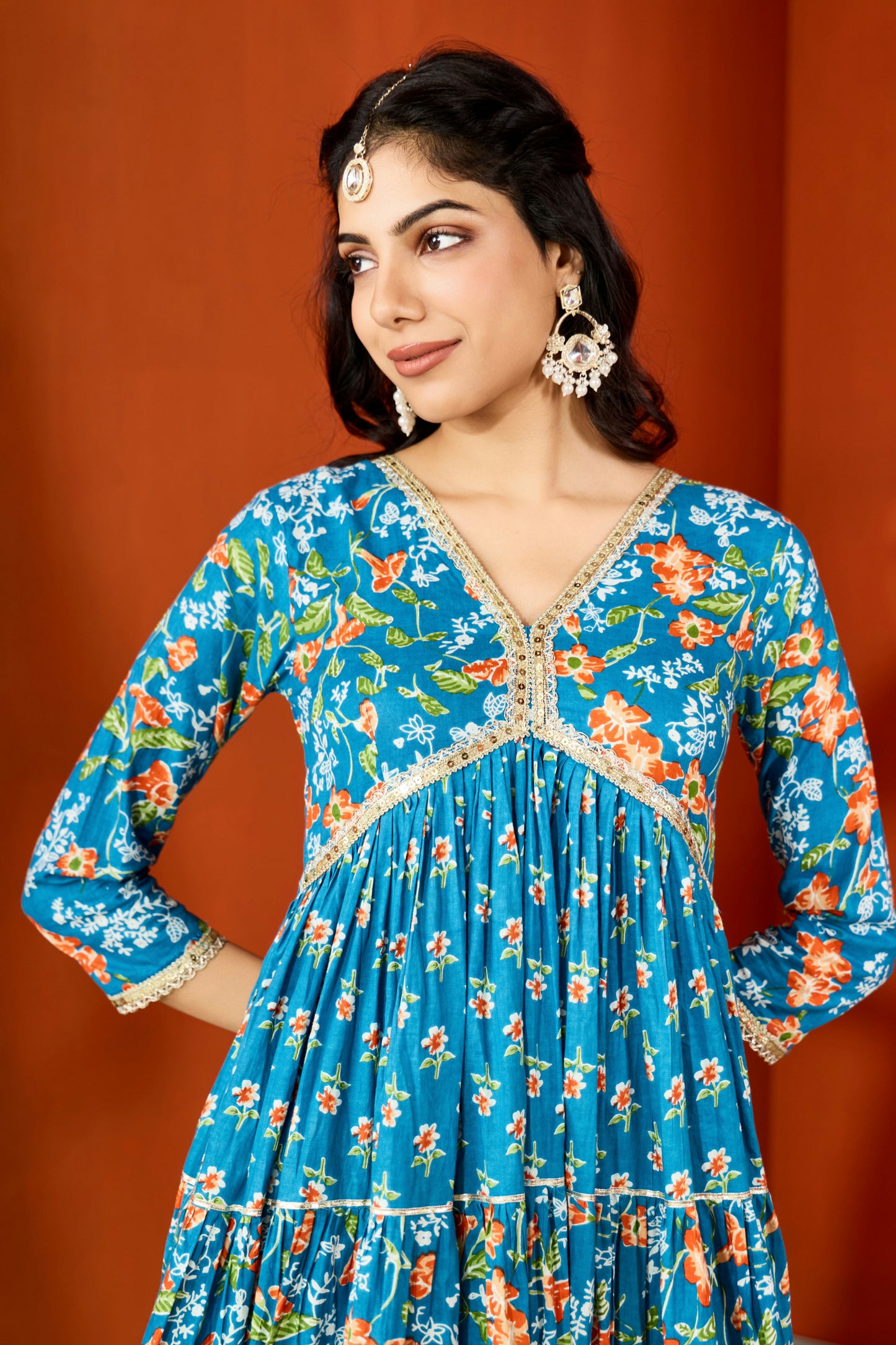 Blue V-Neck Tiered Anarkali Suit (Set of 3)