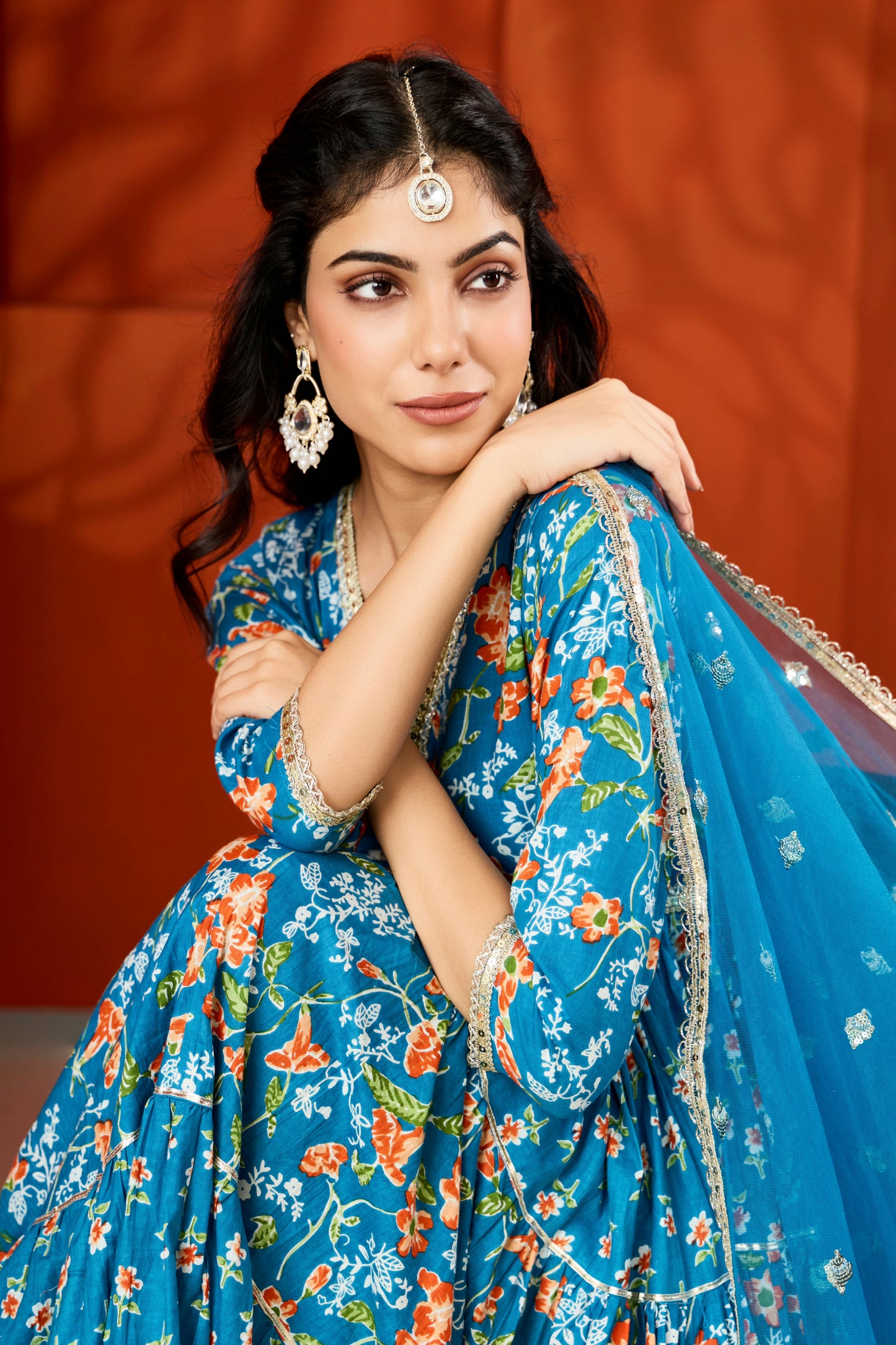 Blue V-Neck Tiered Anarkali Suit (Set of 3)