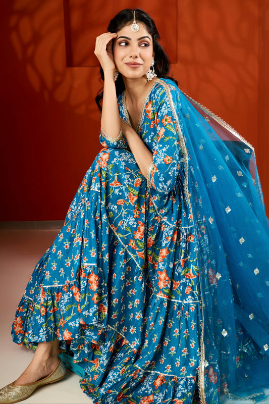 Blue V-Neck Tiered Anarkali Suit (Set of 3)