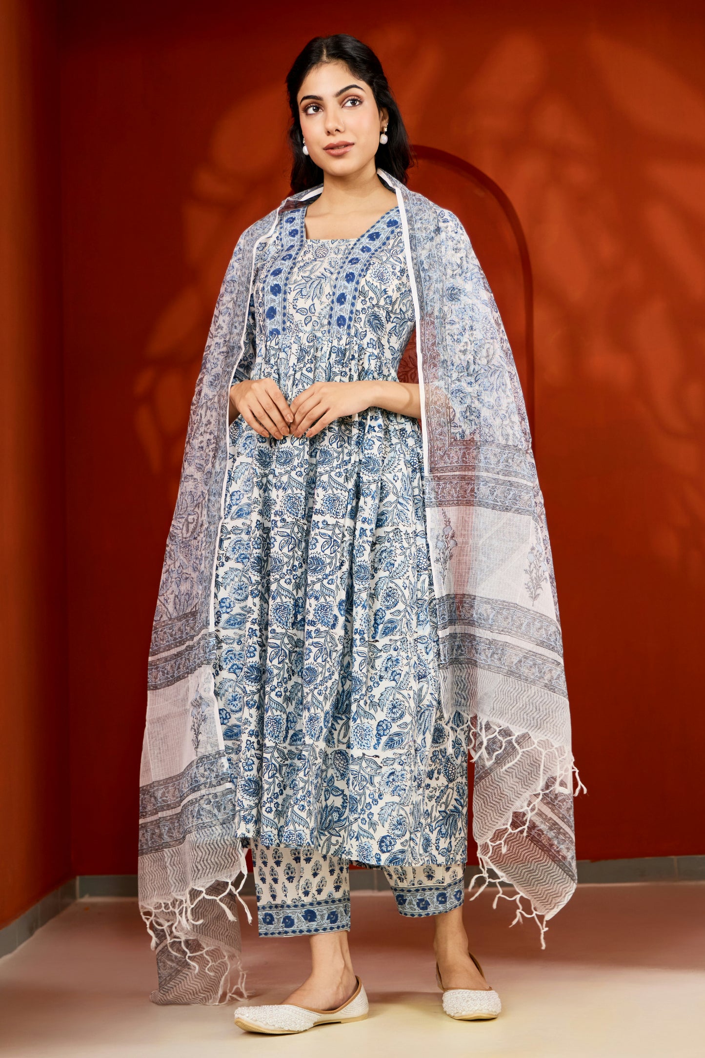 Blue & White Hand Block Printed Suit (Set of 3)