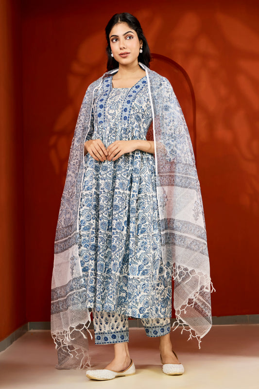 Blue & White Hand Block Printed Suit (Set of 3)