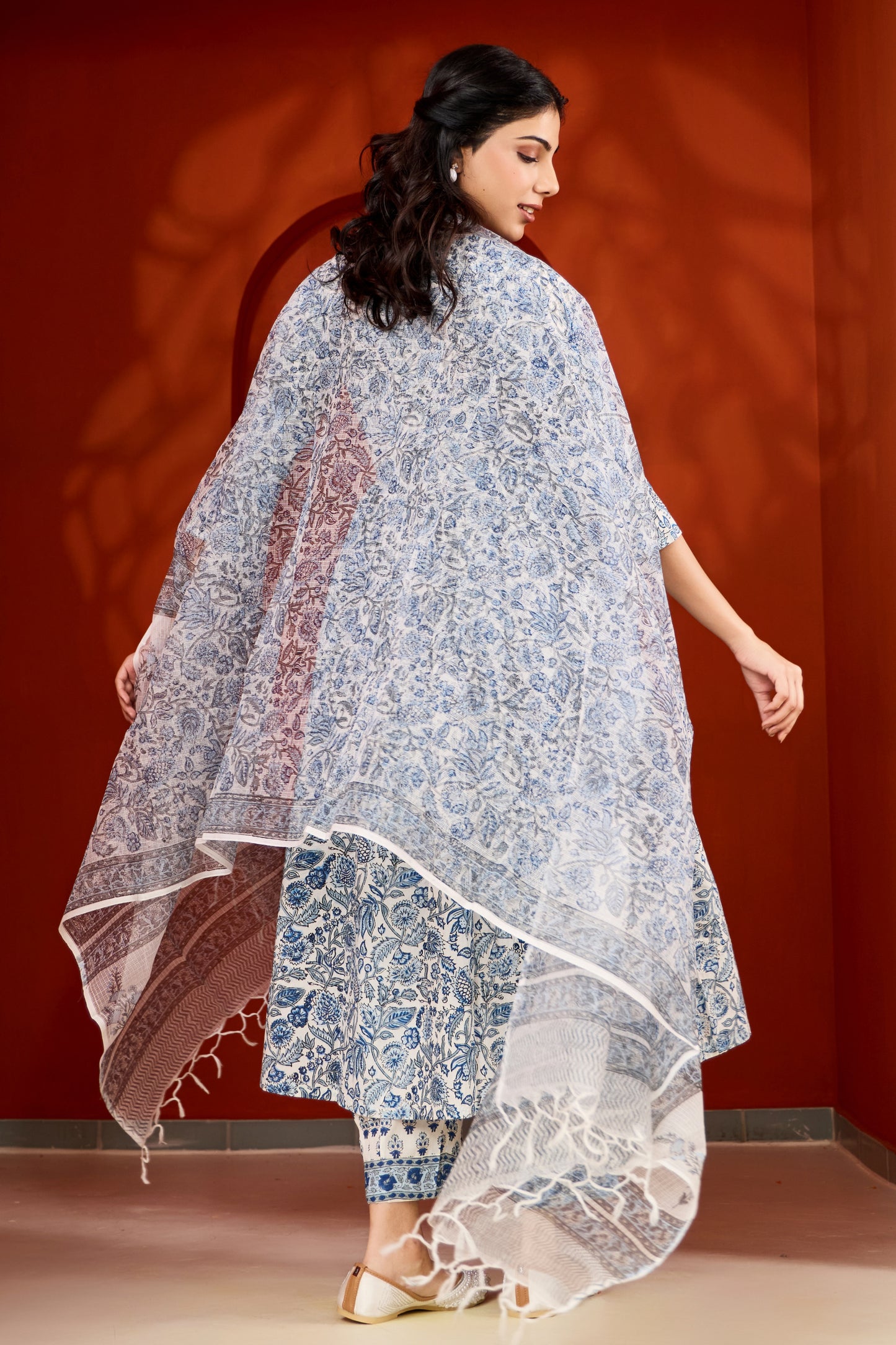 Blue & White Hand Block Printed Suit (Set of 3)