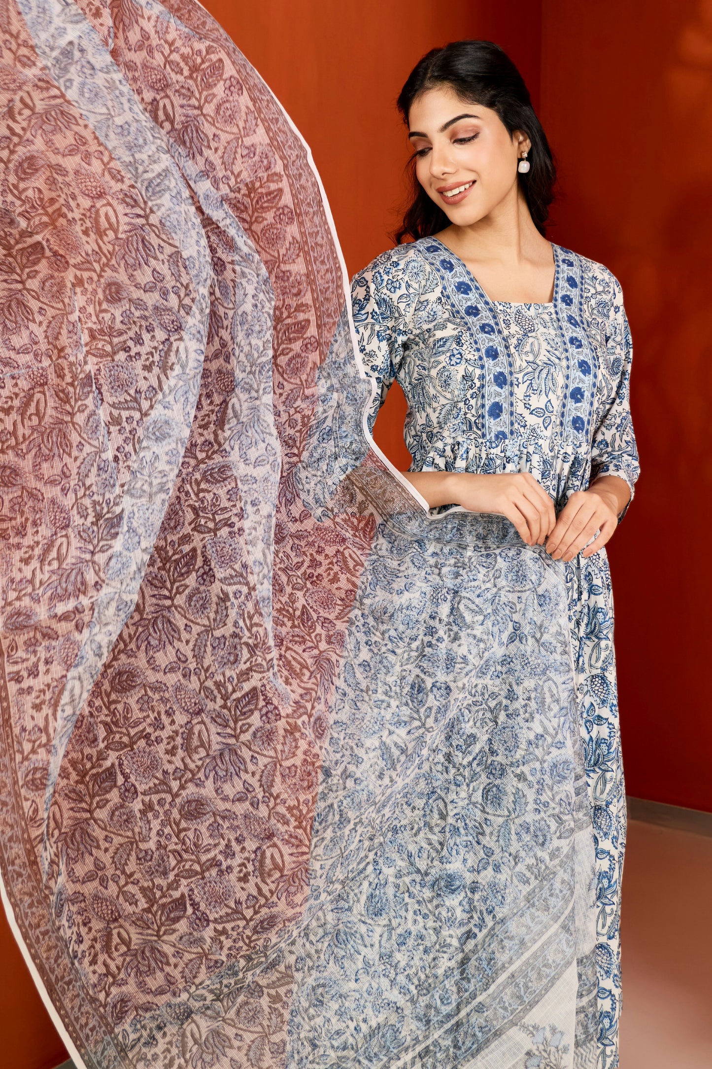 Blue & White Hand Block Printed Suit (Set of 3)