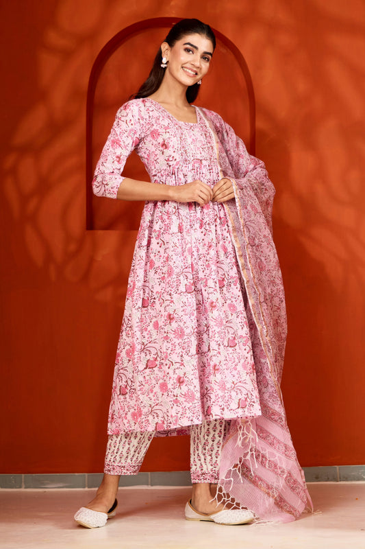 Pink & White Hand Block Printed Suit (Set of 3)