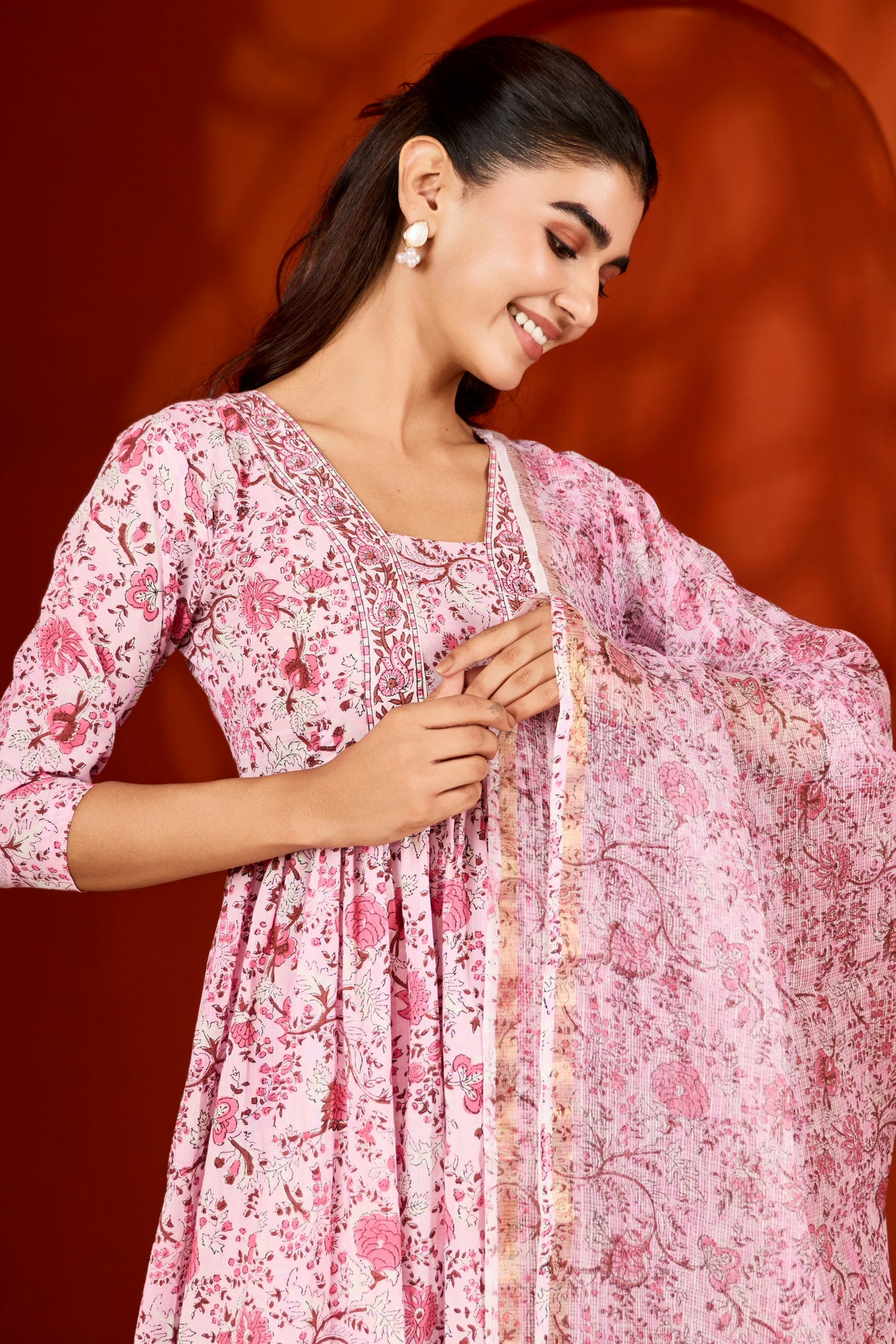 Pink & White Hand Block Printed Suit (Set of 3)