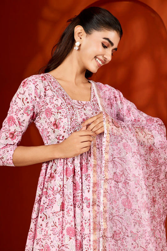 Pink & White Hand Block Printed Suit (Set of 3)
