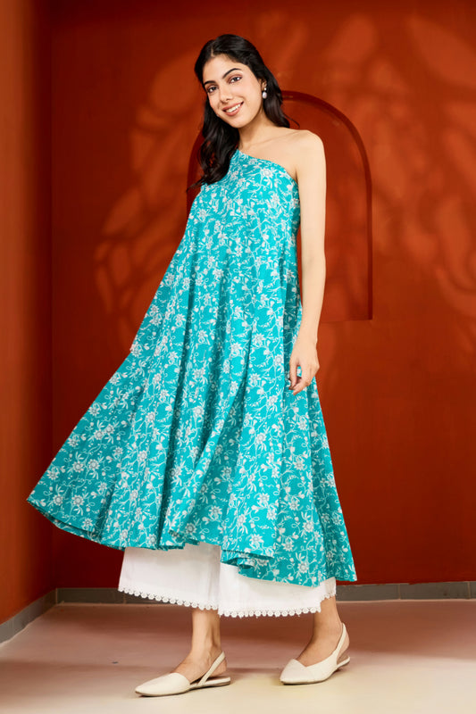One shoulder Blue Cotton Kurta with Palazzo (Set of 2)