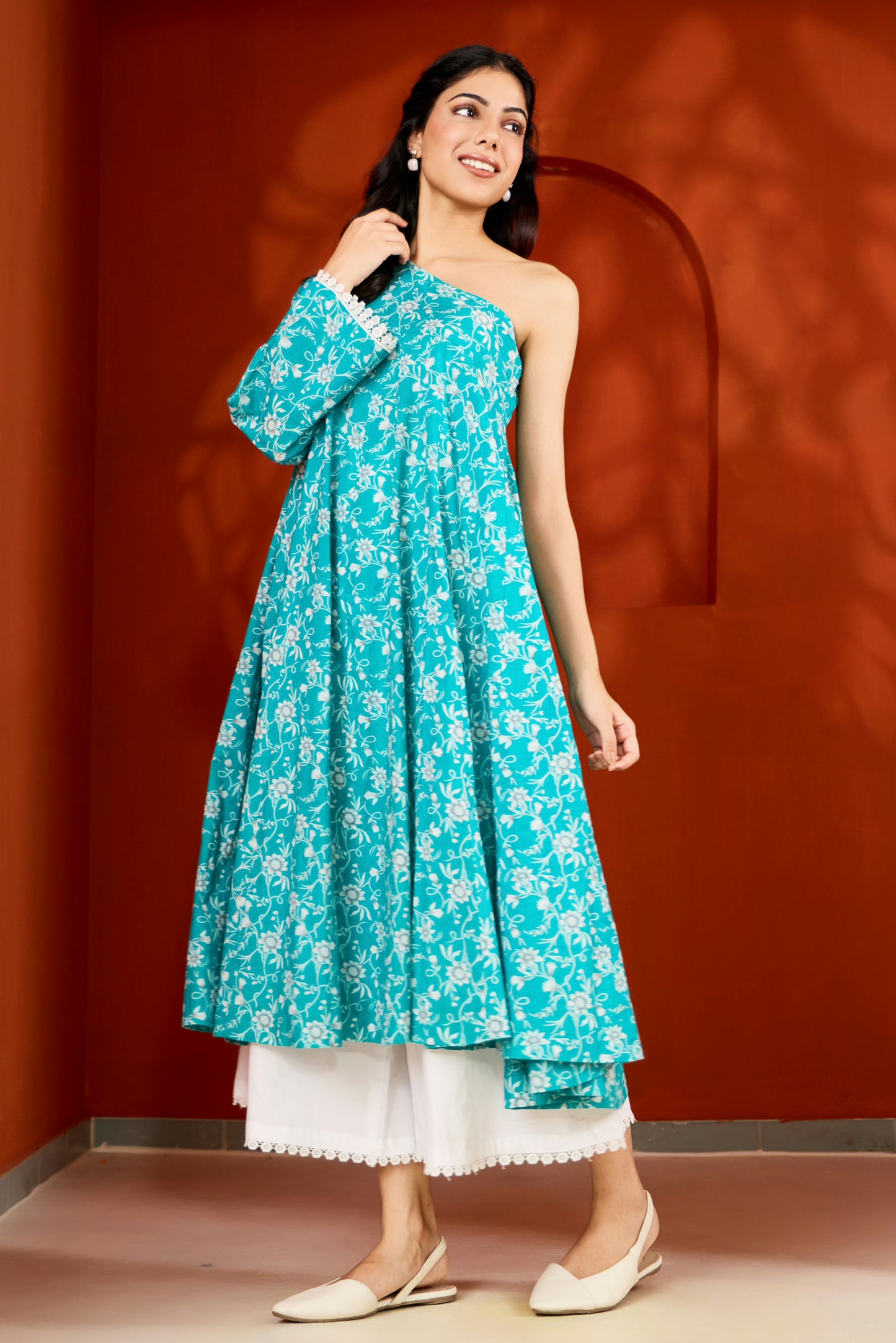 One shoulder Blue Cotton Kurta with Palazzo (Set of 2)