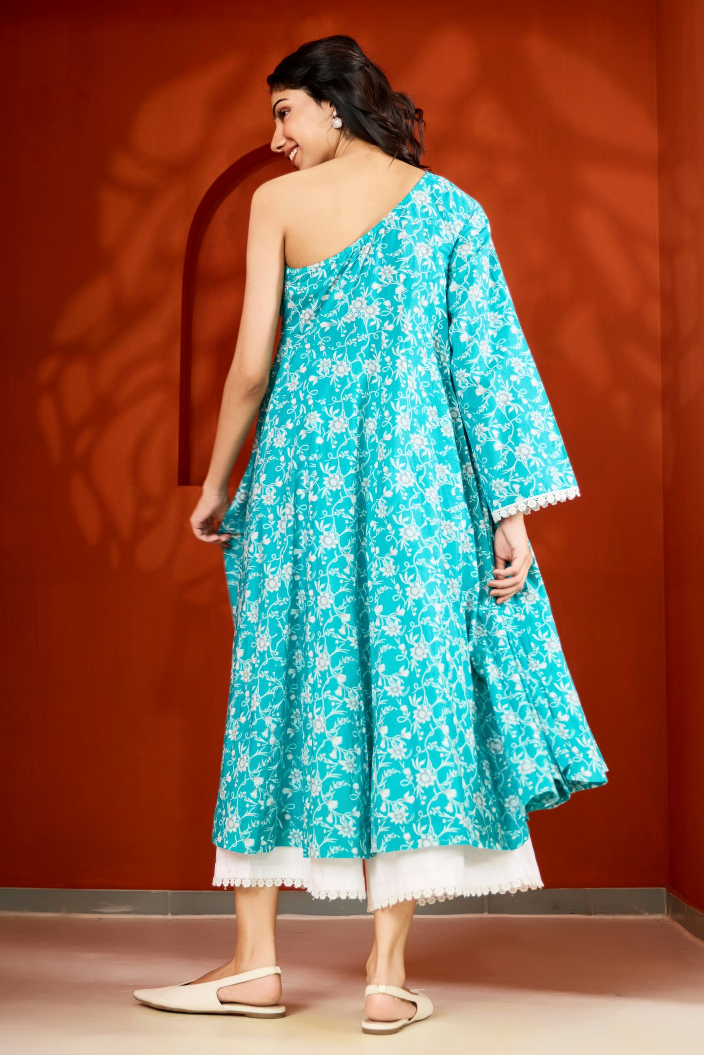 One shoulder Blue Cotton Kurta with Palazzo (Set of 2)