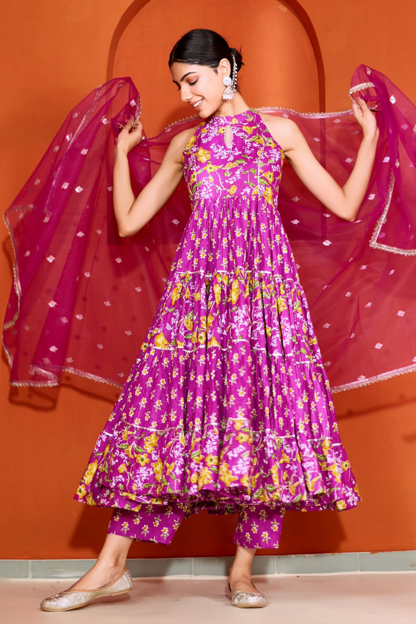 Purple Halter Neck Tiered Anarkali Suit (Set of 3)