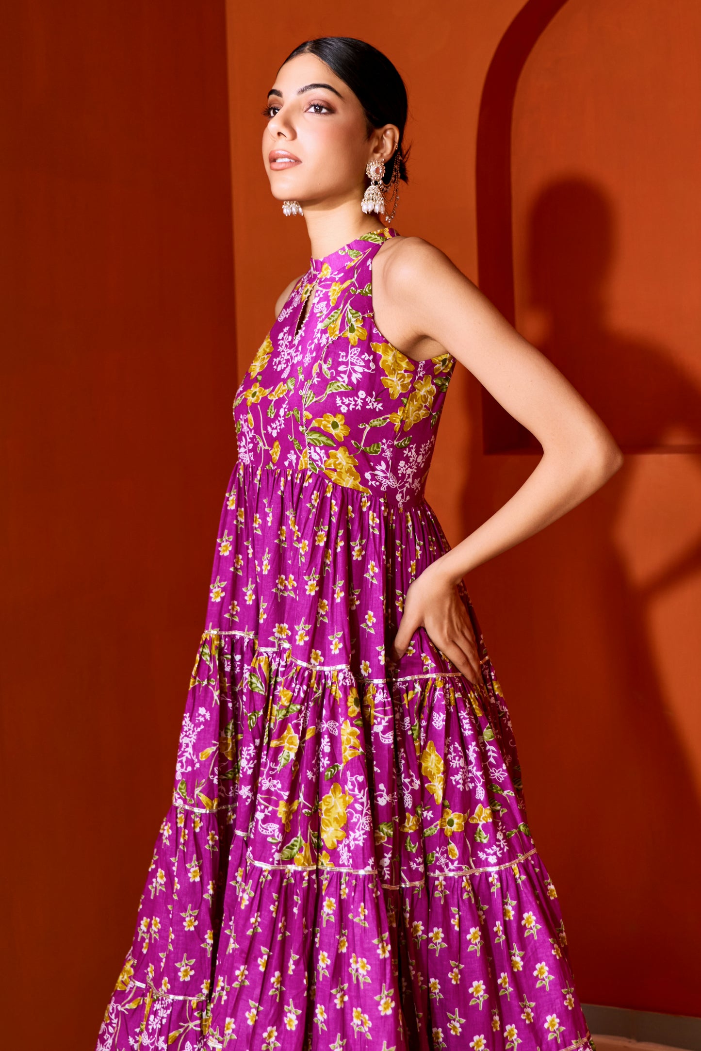 Purple Halter Neck Tiered Anarkali Suit (Set of 3)