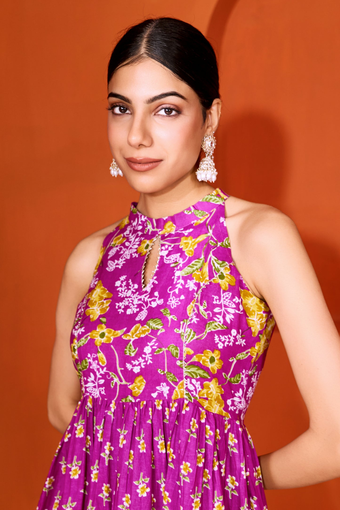 Purple Halter Neck Tiered Anarkali Suit (Set of 3)