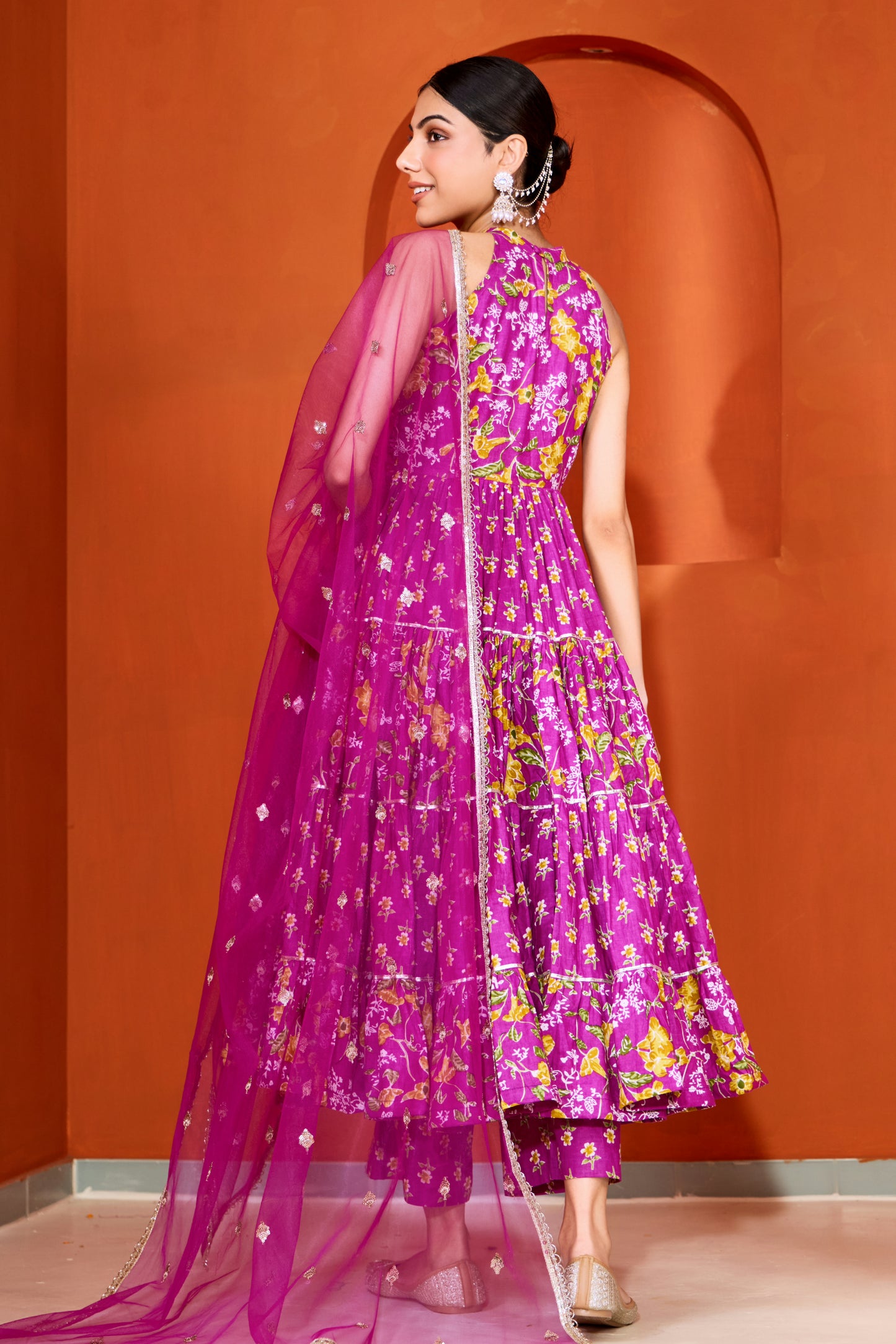 Purple Halter Neck Tiered Anarkali Suit (Set of 3)