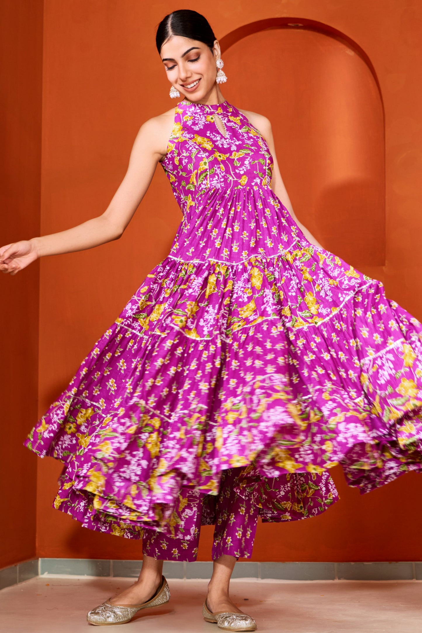 Purple Halter Neck Tiered Anarkali Suit (Set of 3)