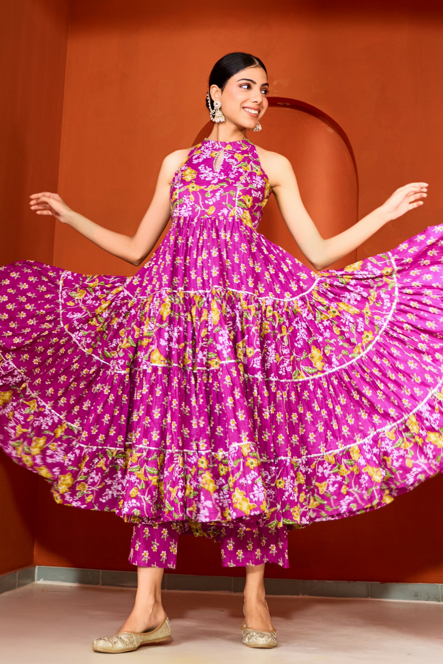 Purple Halter Neck Tiered Anarkali Suit (Set of 3)