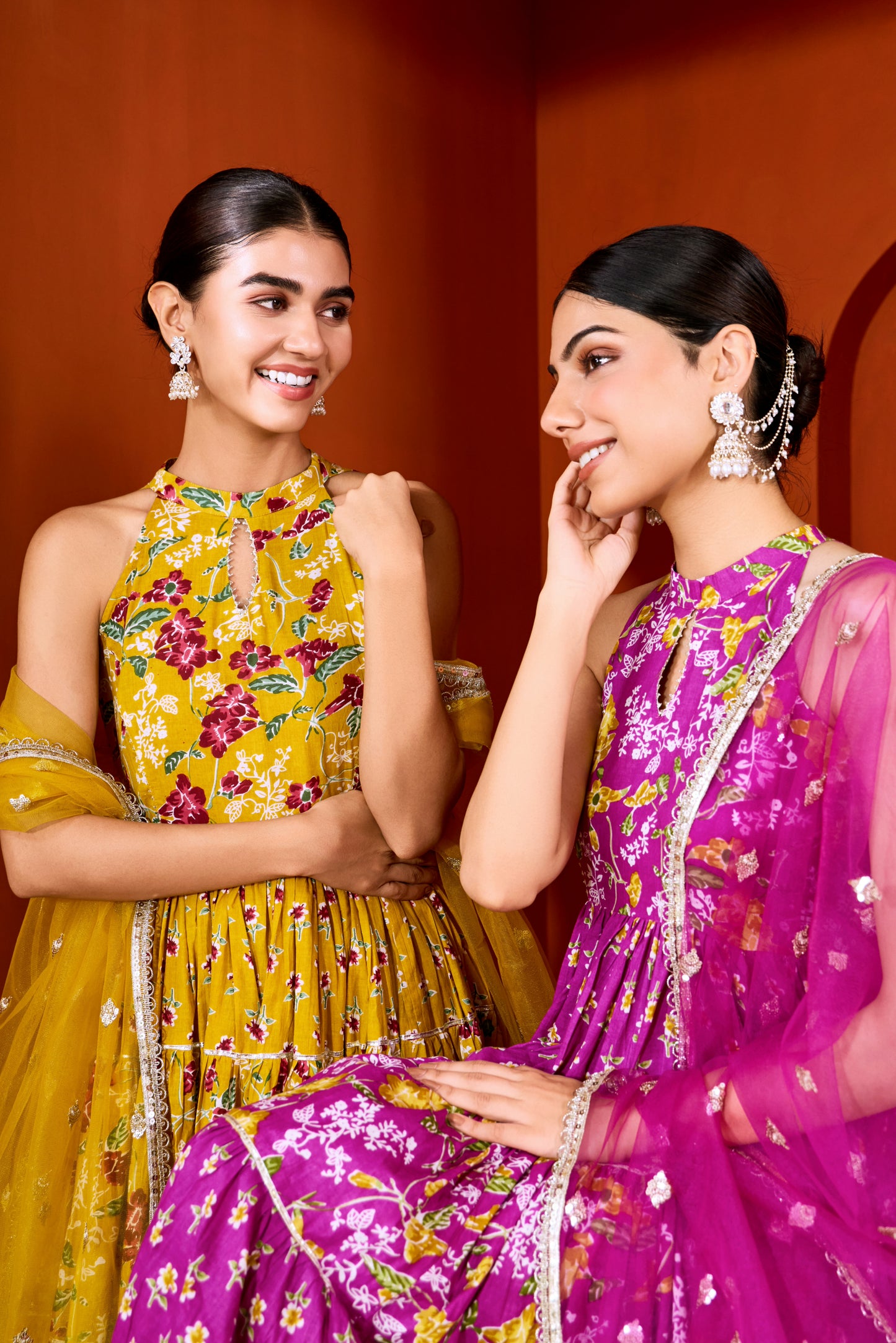 Mustard Halter Neck Tiered Anarkali Suit (Set of 3)