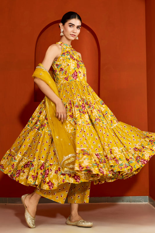 Mustard Halter Neck Tiered Anarkali Suit (Set of 3)