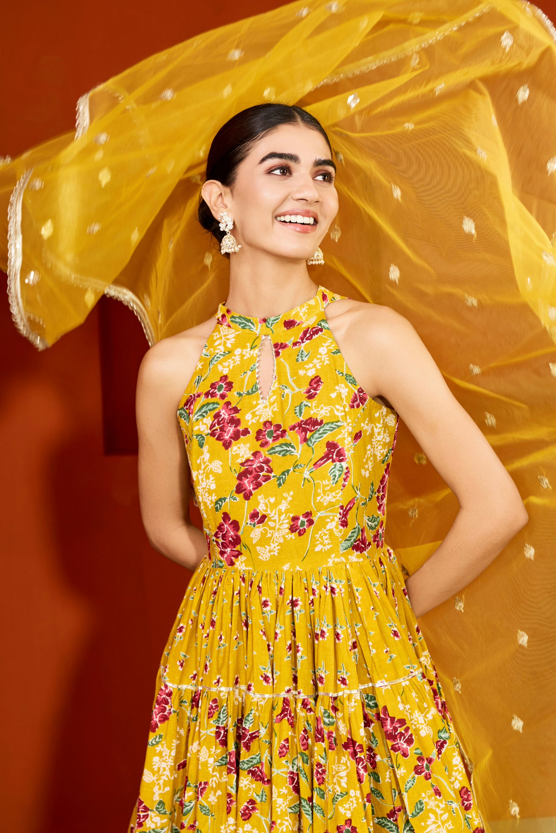 Mustard Halter Neck Tiered Anarkali Suit (Set of 3) Aadveka Mustard Halter Neck Tiered Anarkali Suit (Set of 3) Aadveka