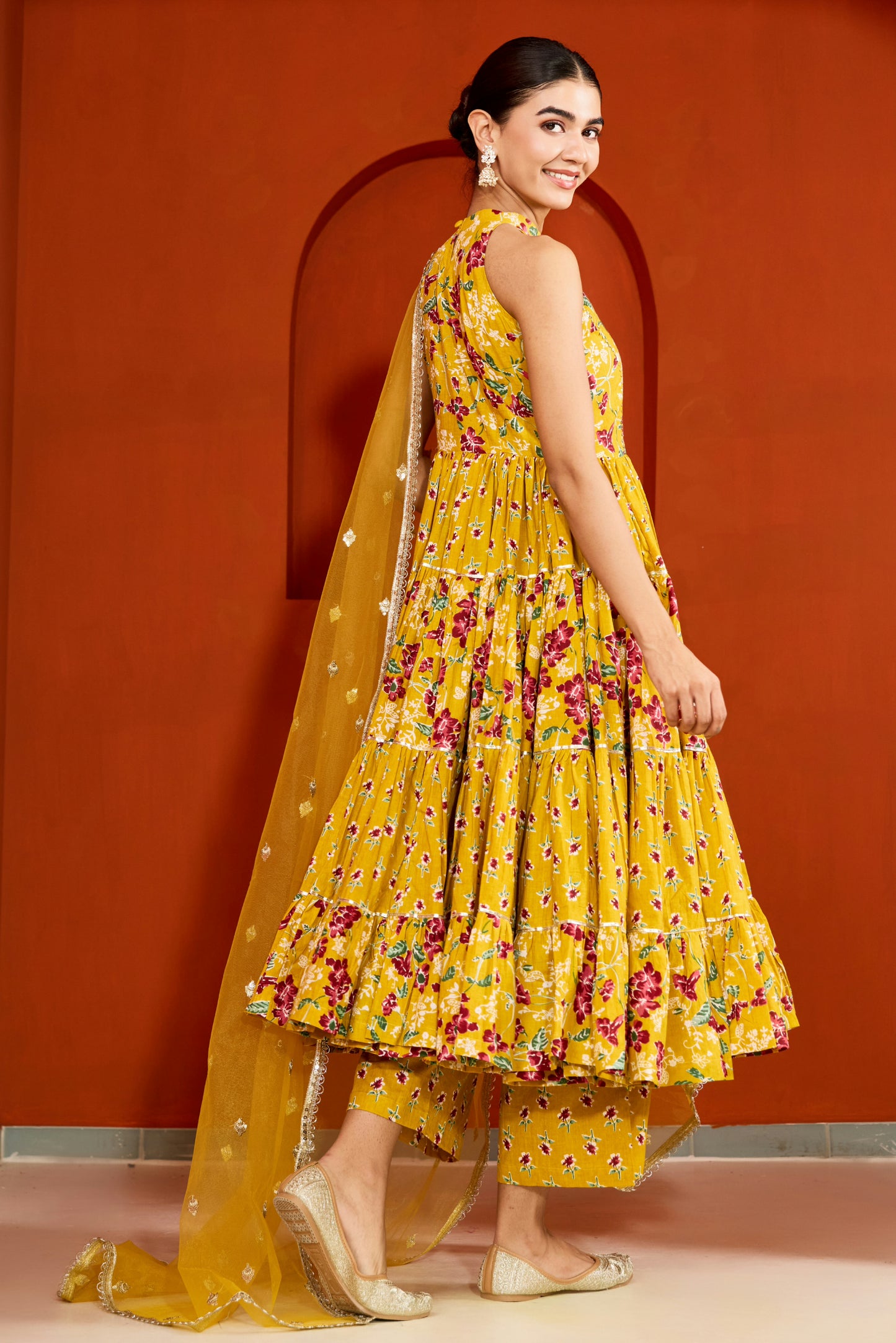 Mustard Halter Neck Tiered Anarkali Suit (Set of 3)