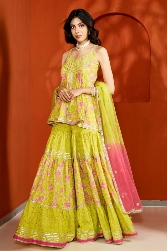 Lemon Green Cotton Printed Sharara (Set of 3)