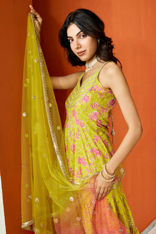 Lemon Green Cotton Printed Sharara (Set of 3)