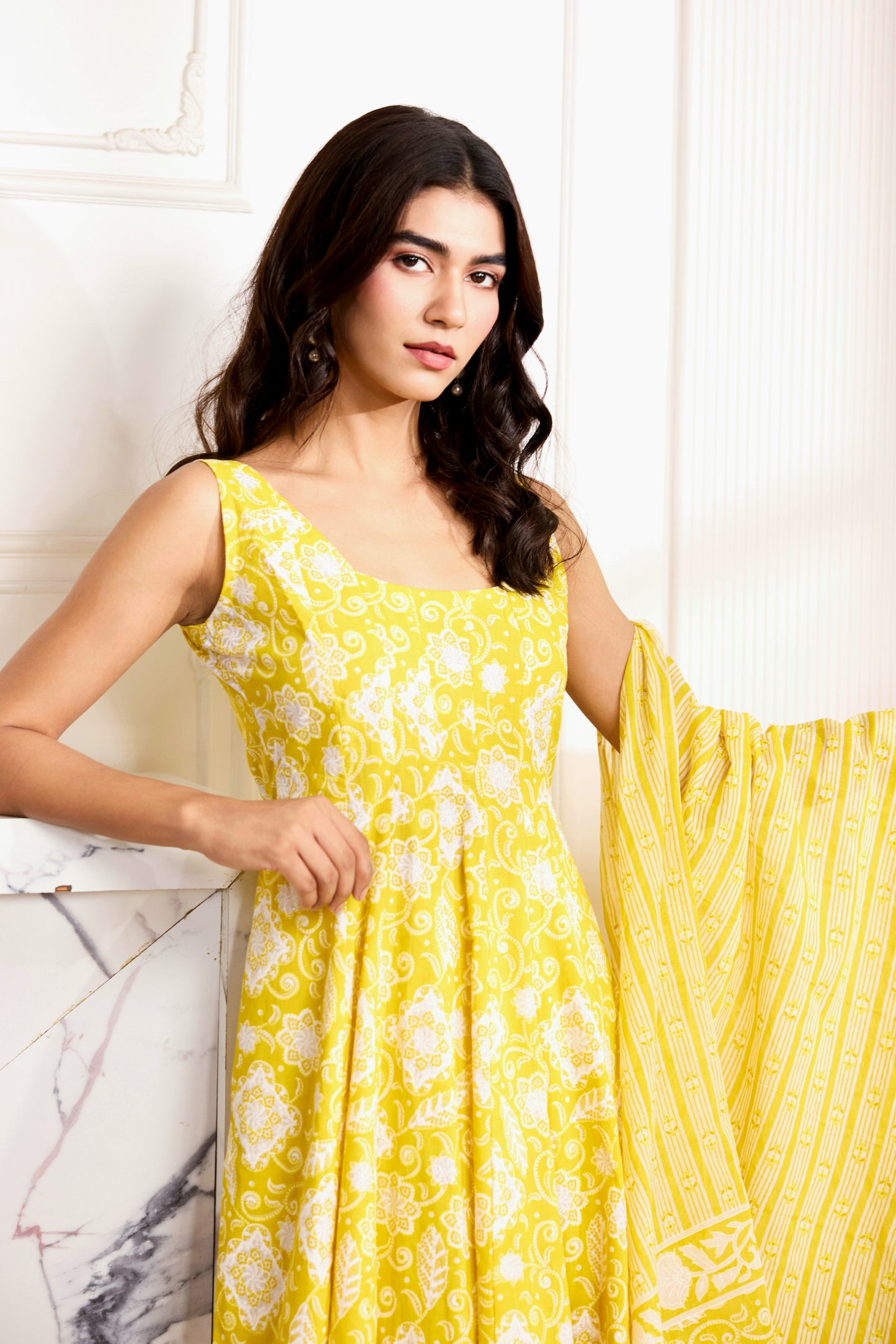 Yellow Square Neck Sleeveless Suit (Set of 3)