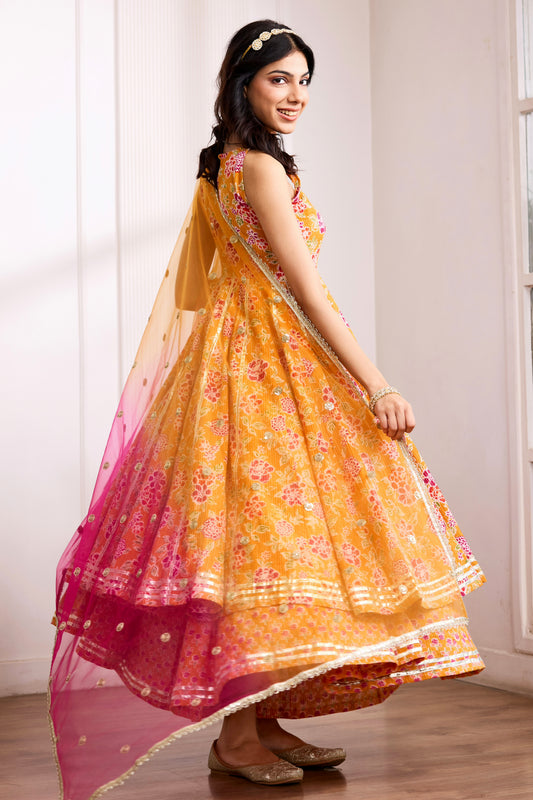 Orange Kantha Halter Neck Cotton Anarkali Suit (Set of 3)
