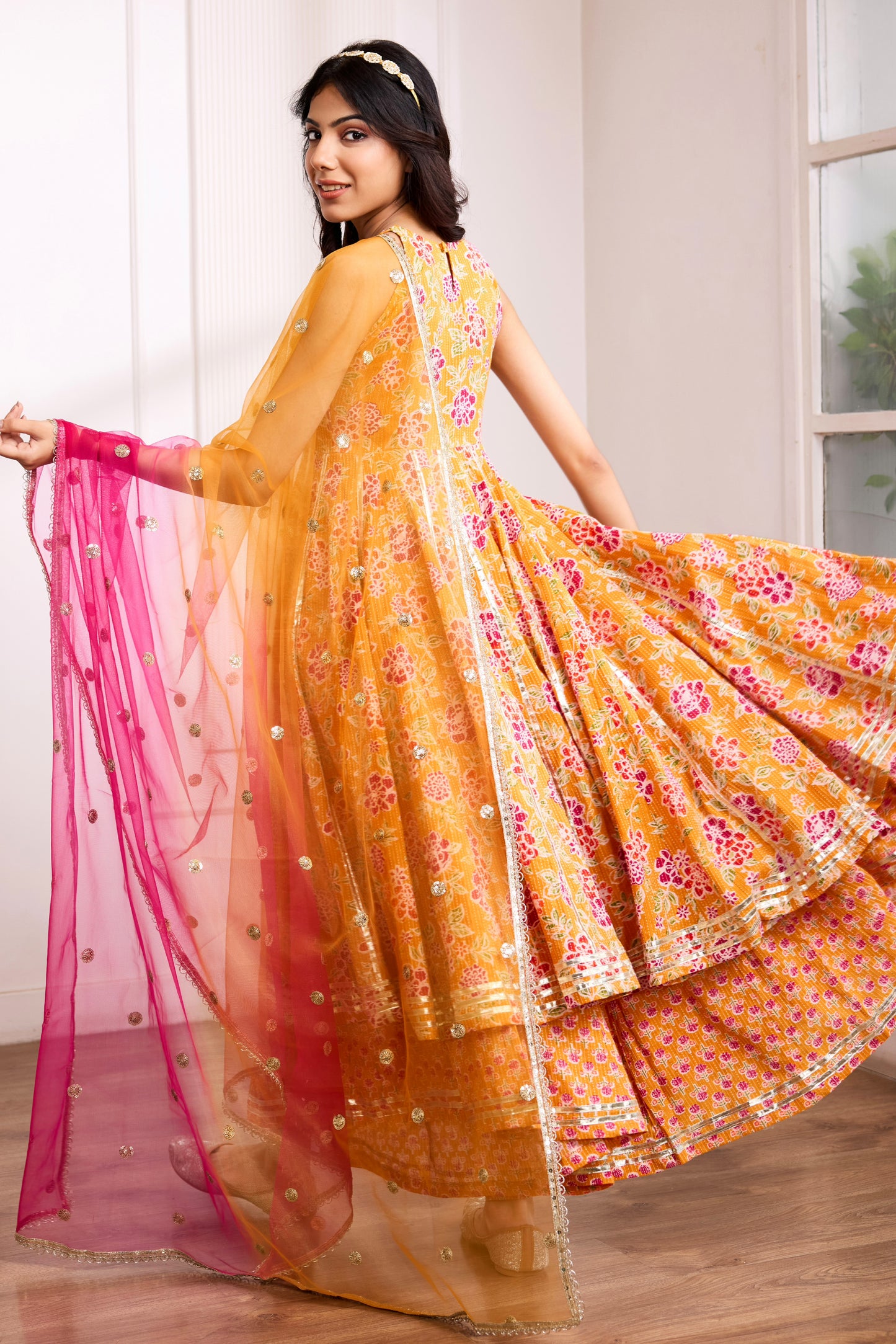 Orange Kantha Halter Neck Cotton Anarkali Suit (Set of 3)