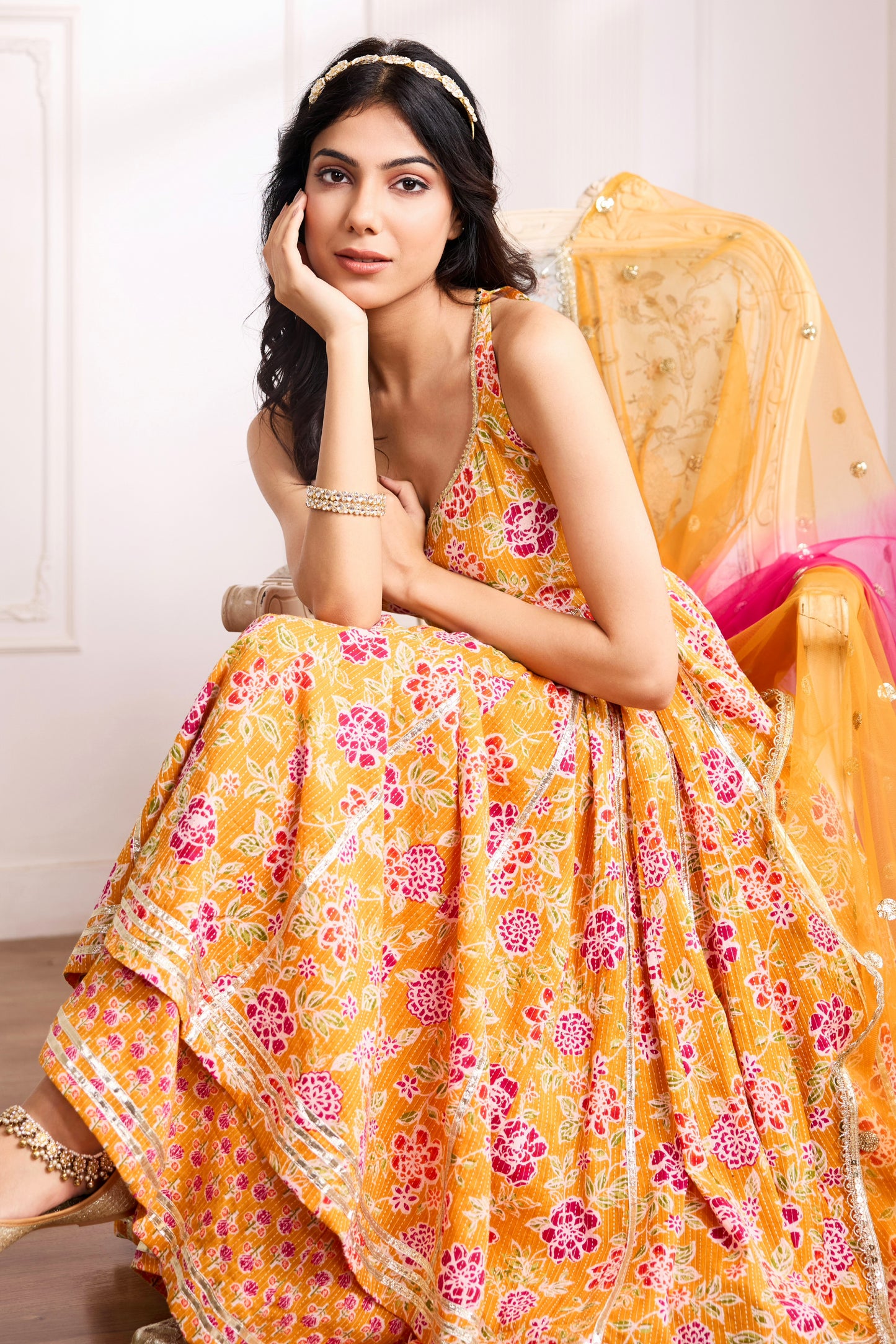 Orange Kantha Halter Neck Cotton Anarkali Suit (Set of 3)