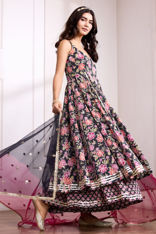 Black Kantha Halter Neck Cotton Anarkali Suit (Set of 3)