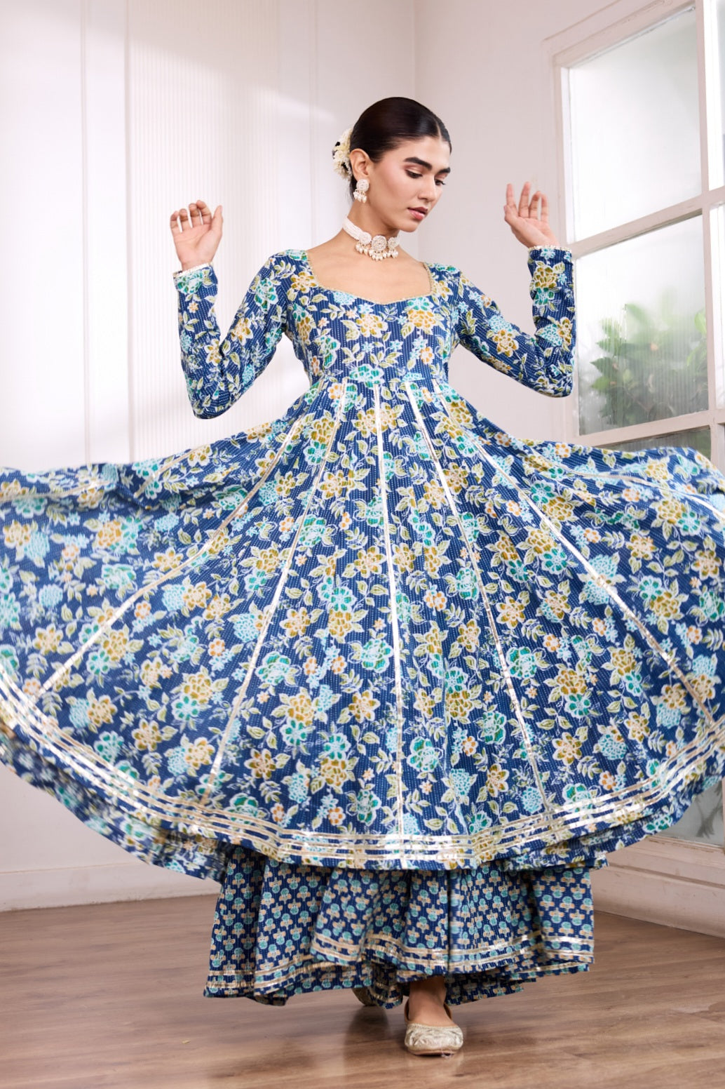 Blue Kantha Cotton Anarkali Suit (Set of 3)