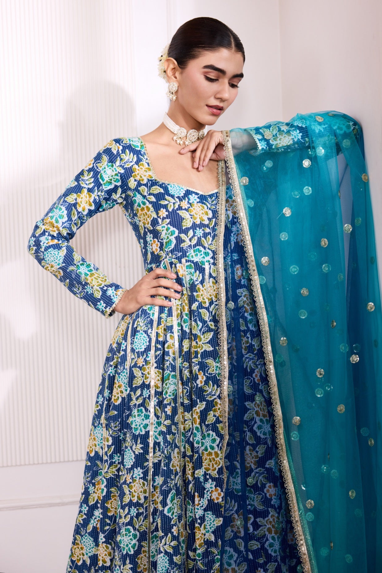 Blue Kantha Cotton Anarkali Suit (Set of 3)