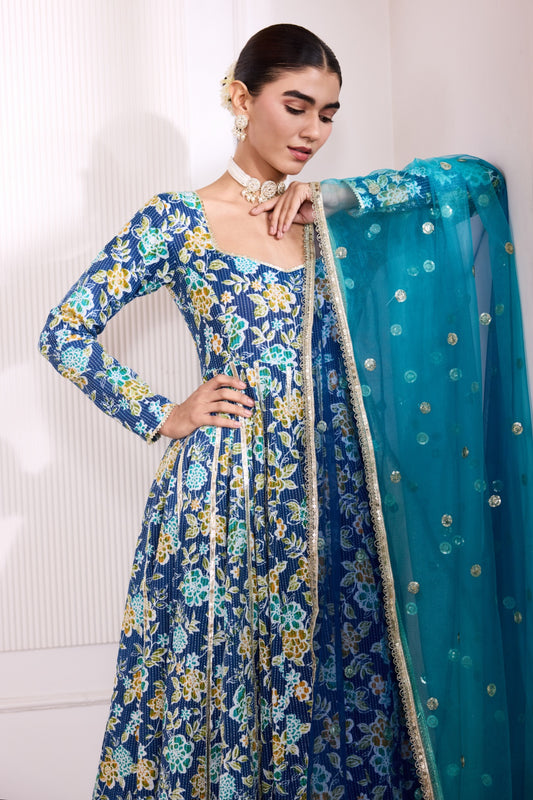 Blue Kantha Cotton Anarkali Suit (Set of 3)