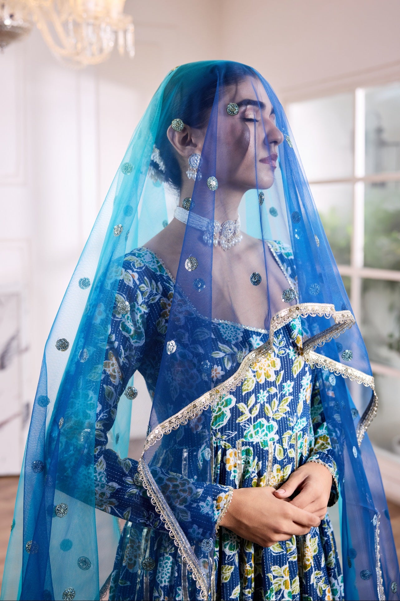 Blue Kantha Cotton Anarkali Suit (Set of 3)