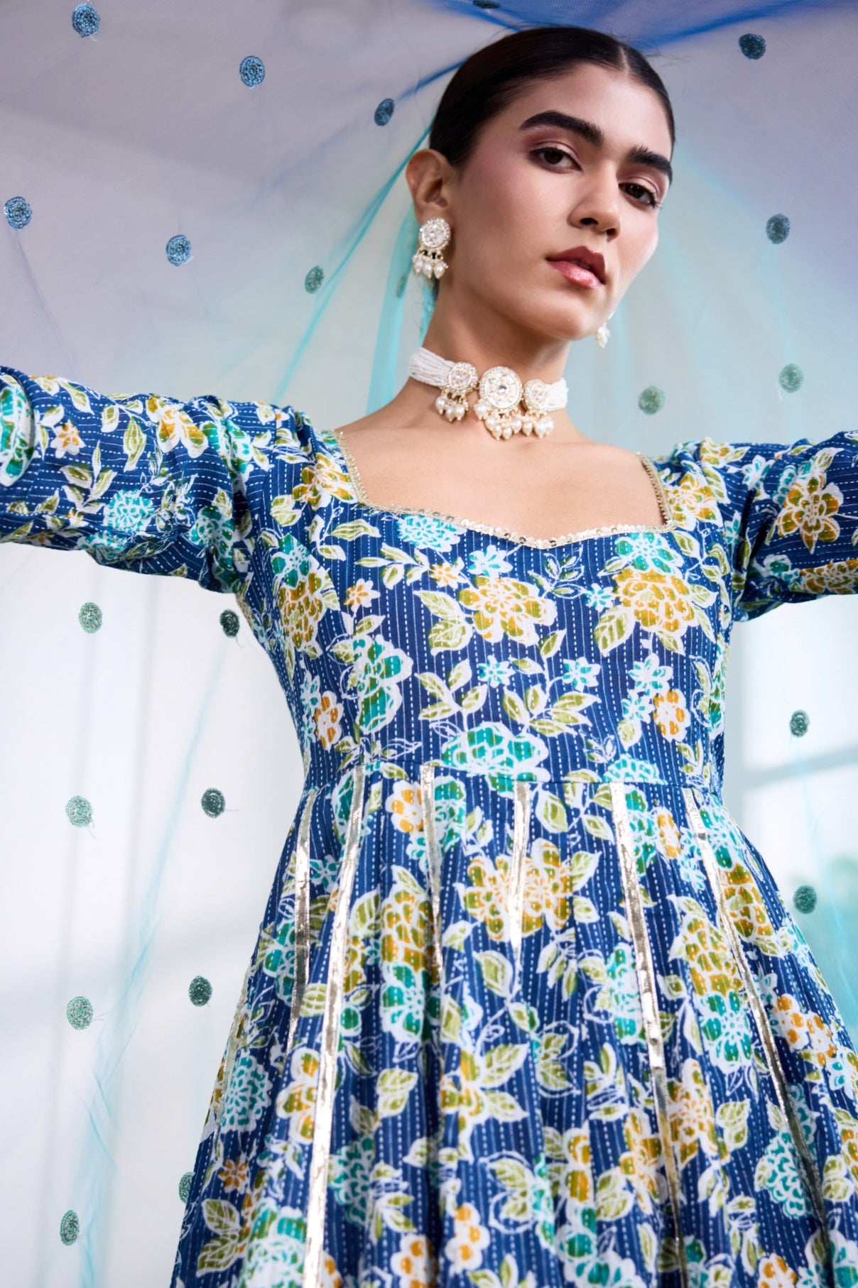 Blue Kantha Cotton Anarkali Suit (Set of 3)