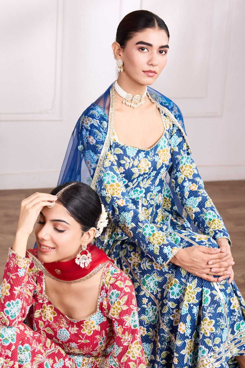 Blue Kantha Cotton Anarkali Suit (Set of 3)