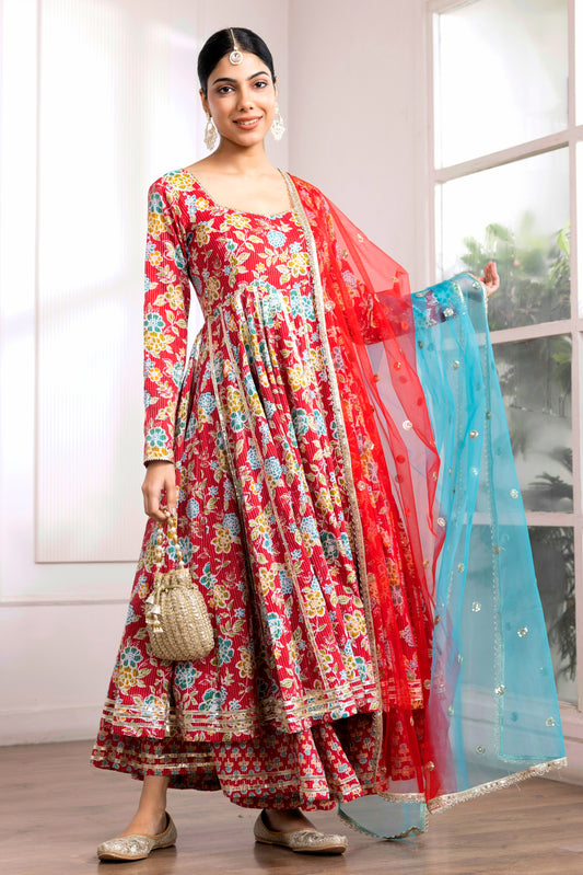 Red Kantha Cotton Anarkali Suit (Set of 3)