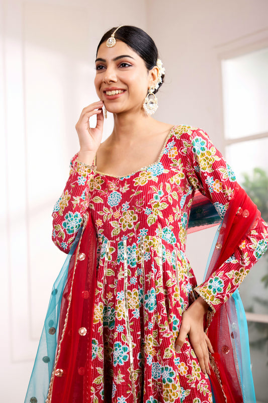 Red Kantha Cotton Anarkali Suit (Set of 3)