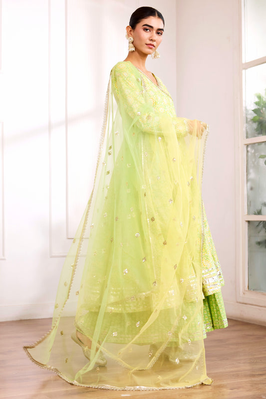 Green & Lime Cotton Angrakha Suit (Set of 3)
