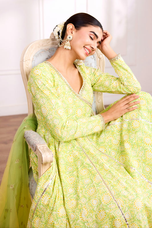 Green & Lime Cotton Angrakha Suit (Set of 3)