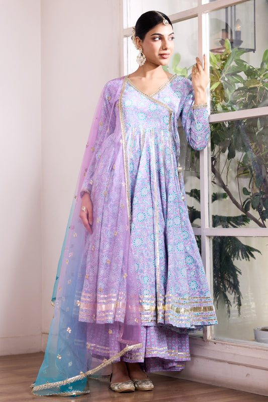 Lavender & Blue Cotton Angrakha Suit (Set of 3)