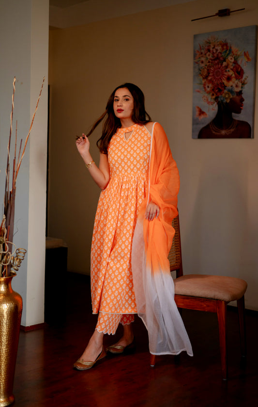 Orange Halter Neck Hand Block Printed Suit (Set of 3)