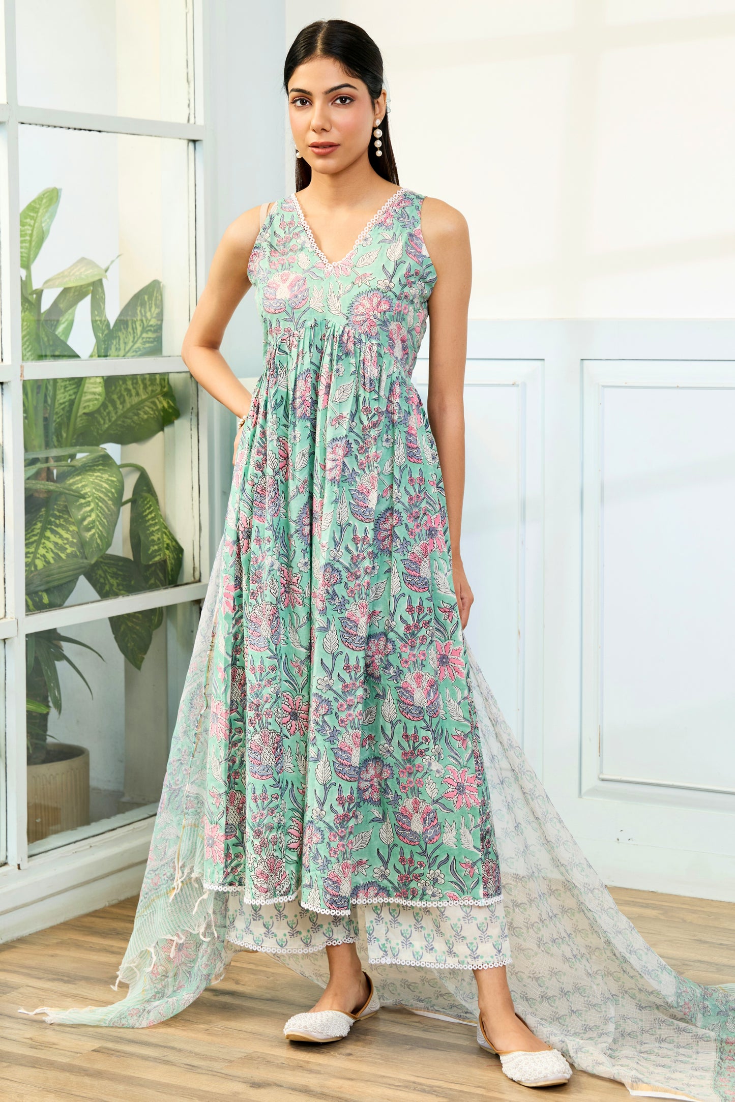 Mint Handblock Printed Cotton Suit Set