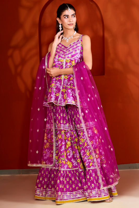 Purple Cotton Printed Sharara (Set of 3)