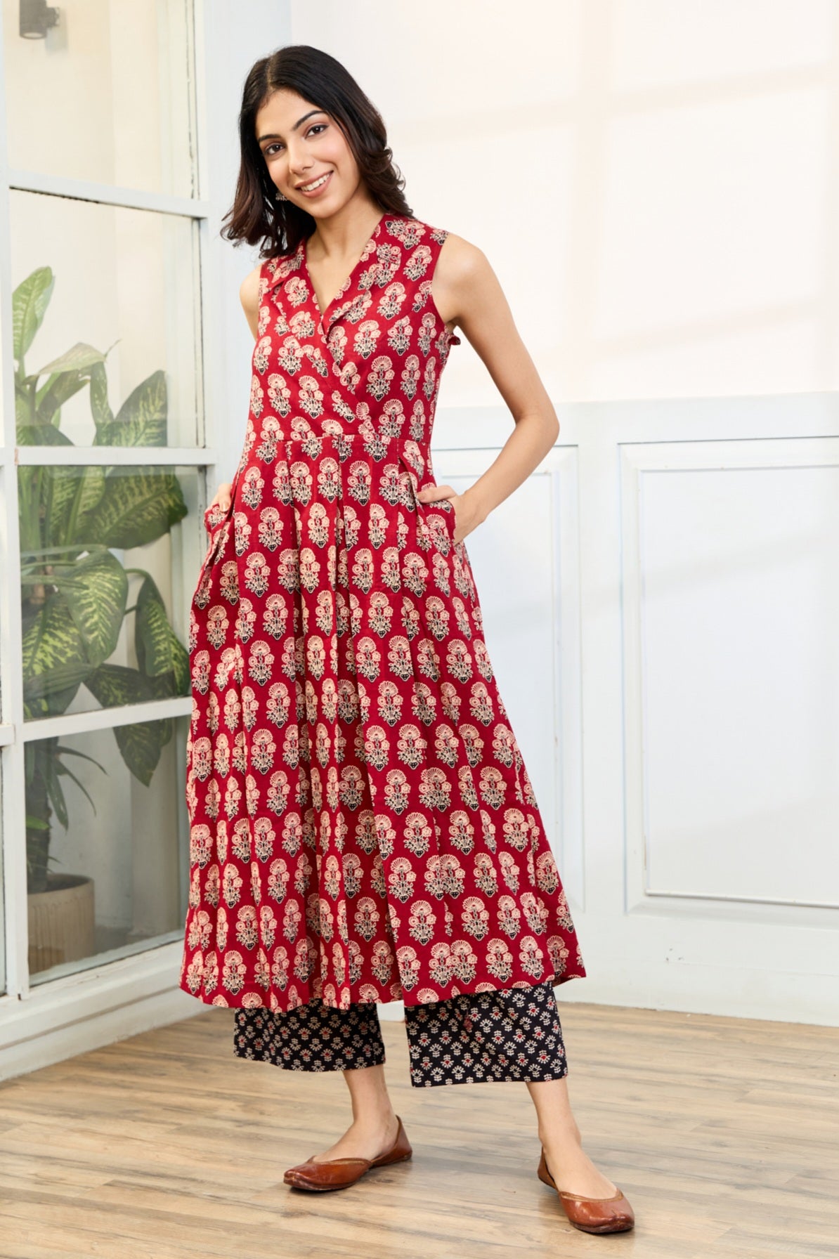 Maroon Ajrakh Box Pleated Kurta with Palazzo (Set of 2)