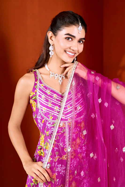 Purple Cotton Printed Sharara (Set of 3)