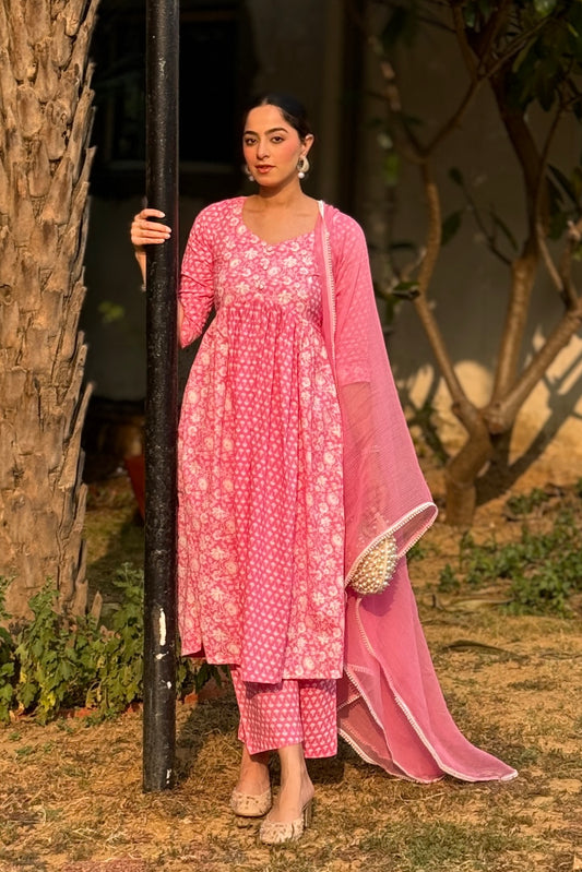 Pink Gathered Printed Cotton Suit (Set of 3)